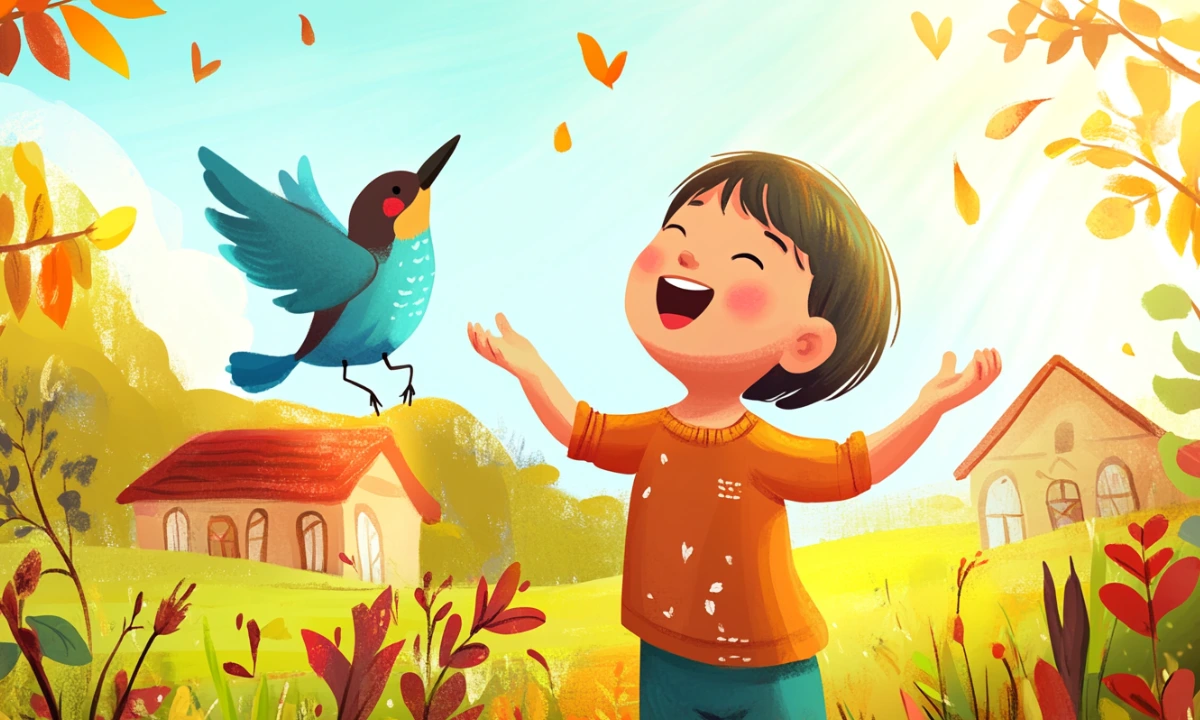 Child singing with a cartoon lark bird in a bright French countryside &mdash; Alouette, gentille alouette song illustration
