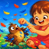 Alouette lyrics &mdash; cartoon illustration of child plucking feathers from a lark