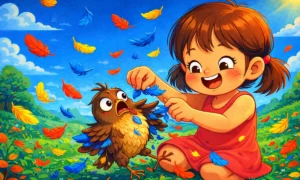 Alouette lyrics — cartoon illustration of child plucking feathers from a lark