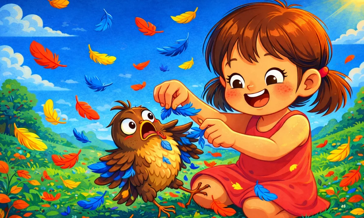 Alouette lyrics &mdash; cartoon illustration of child plucking feathers from a lark