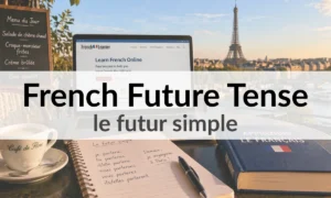 French future tense (le futur simple) study scene at a Paris café with notebook, laptop, and Eiffel Tower view