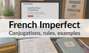 French imperfect tense (l'imparfait) apartment study desk with laptop, book and notebook.