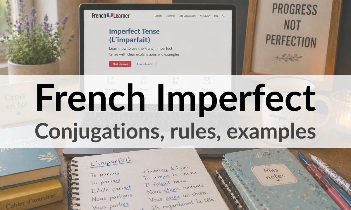 French imperfect tense (l'imparfait) apartment study desk with laptop, book and notebook.