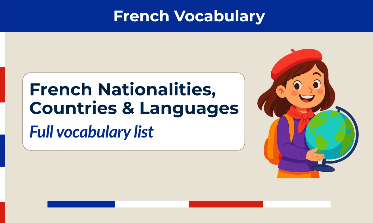 French nationalities — countries and languages vocabulary chart.