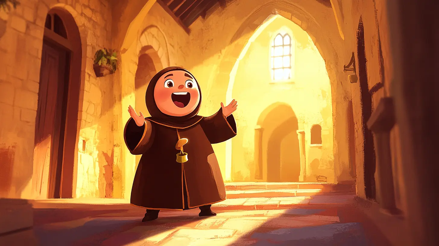 Cartoon-style French friar in a bright robe and nightcap ringing a small bell at sunrise, smiling in a cheerful monastery hallway. Kid-friendly illustration.