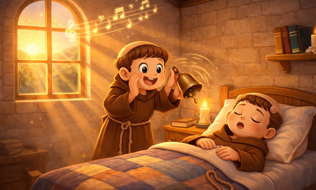 Fr&egrave;re Jacques lyrics &mdash; cartoon illustration of monk ringing bell while another sleeps