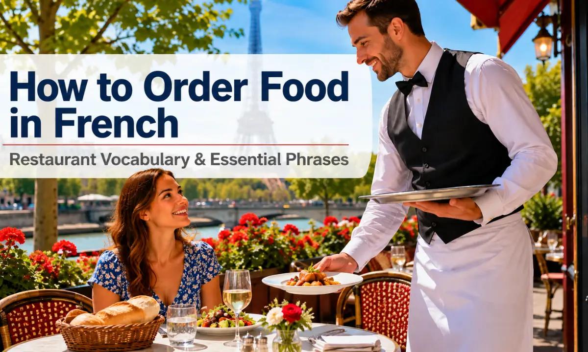 "How to Order Food in French &mdash; Restaurant Vocabulary & Essential Phrases" written on a Paris caf&eacute; scene with a waiter serving food near the Eiffel Tower.