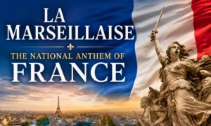La Marseillaise, the national anthem of France, featuring Marianne raising a sword before the French tricolor flag above the Paris skyline. Symbolic patriotic artwork representing French history, unity, and the spirit of the French Republic.