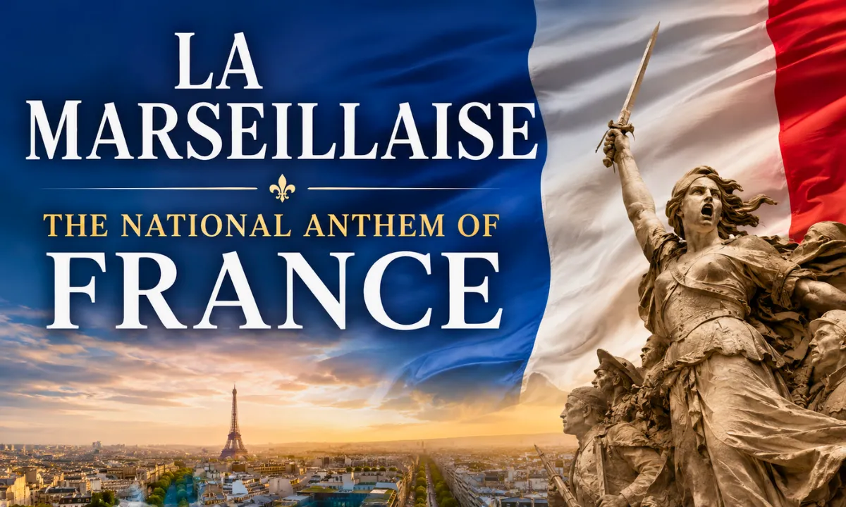 La Marseillaise, the national anthem of France, featuring Marianne raising a sword before the French tricolor flag above the Paris skyline. Symbolic patriotic artwork representing French history, unity, and the spirit of the French Republic.