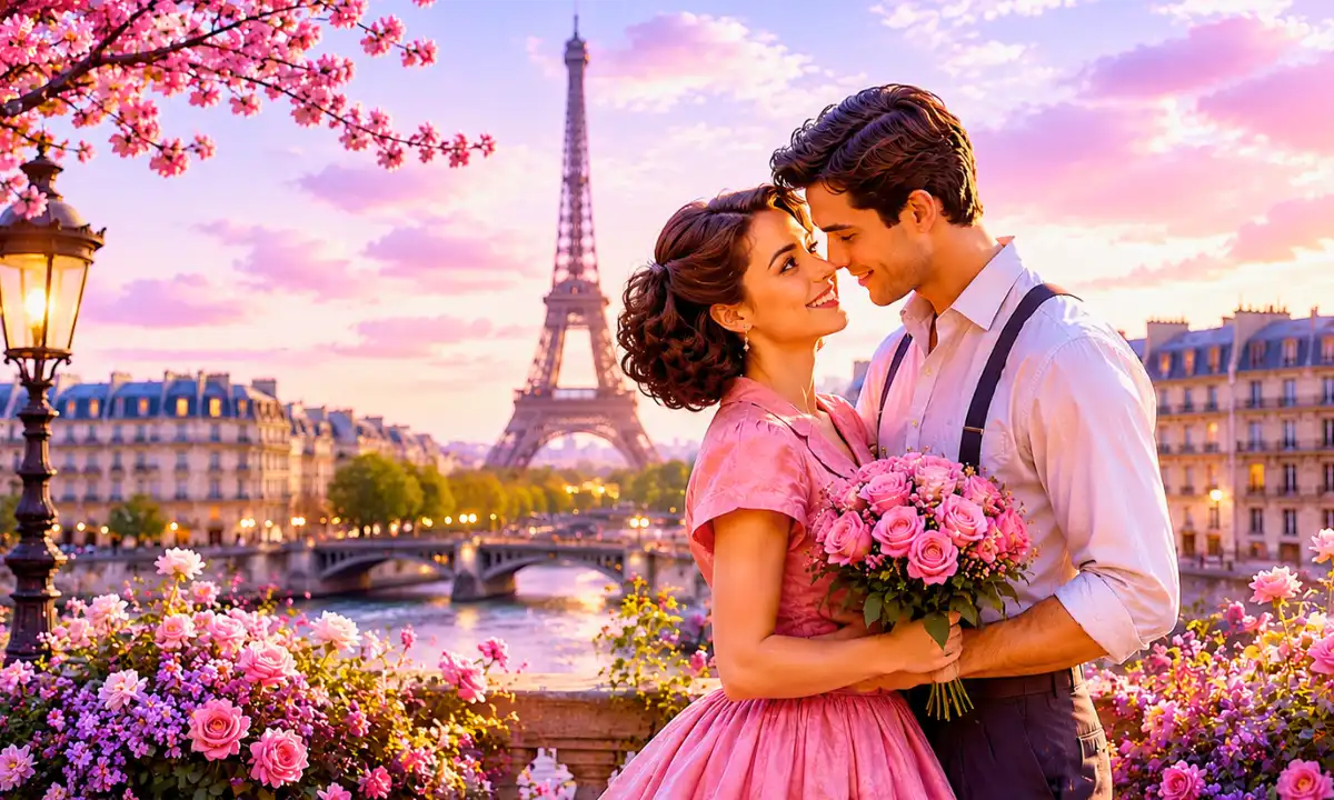 Lyrics of "La Vie en rose" — Smiling lovers embracing beside the Seine beneath a glowing pink Paris sky, symbolizing romance, optimism, emotional warmth, and seeing life through rose-colored glasses.