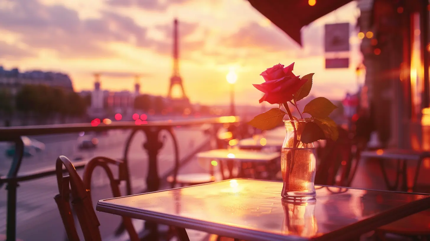 Vintage Paris café scene at sunset with a rose on the table, inspired by La Vie en Rose