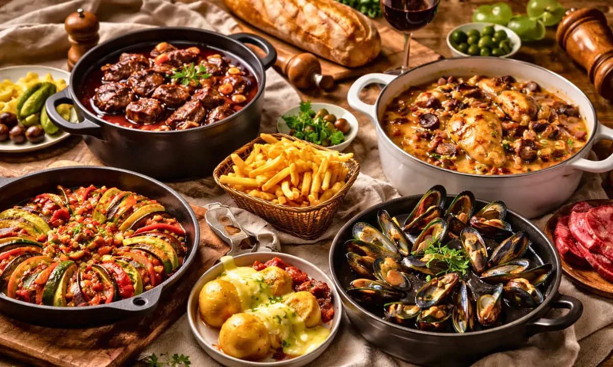 French dish names &mdash; classic French dishes including coq au vin, ratatouille and moules-frites