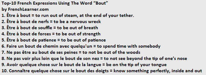 top 10 French expressions using the word bout