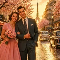 C&rsquo;est si bon lyrics &mdash; romantic Paris street scene with vintage couple facing camera, cherry blossoms, caf&eacute; terrace, classic cars, Haussmann buildings, and Eiffel Tower in the background under warm golden sunlight