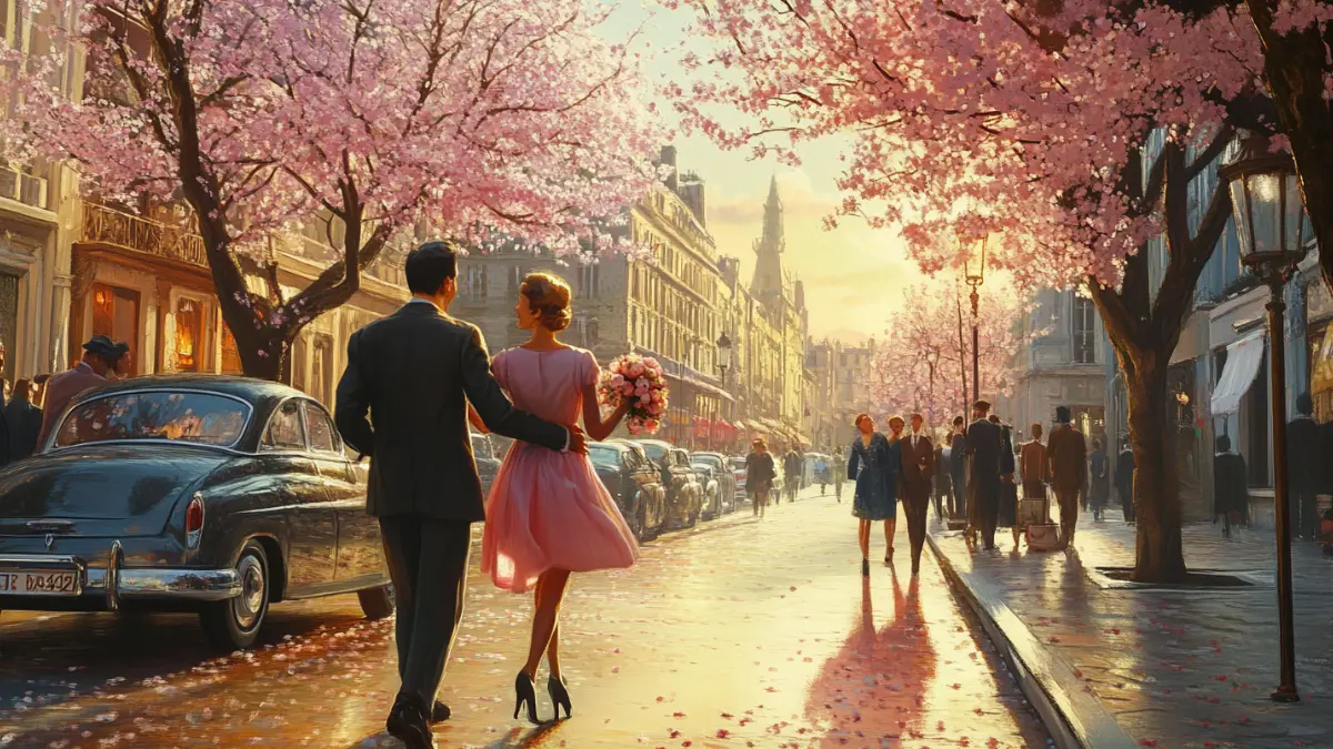 A romantic 1950s Paris street scene in spring, with a couple walking arm in arm under blooming cherry blossoms, inspired by the song “C’est si bon.”