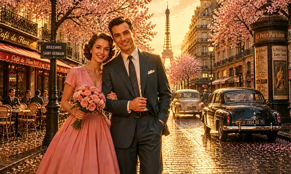 C’est si bon lyrics — romantic Paris street scene with vintage couple facing camera, cherry blossoms, café terrace, classic cars, Haussmann buildings, and Eiffel Tower in the background under warm golden sunlight