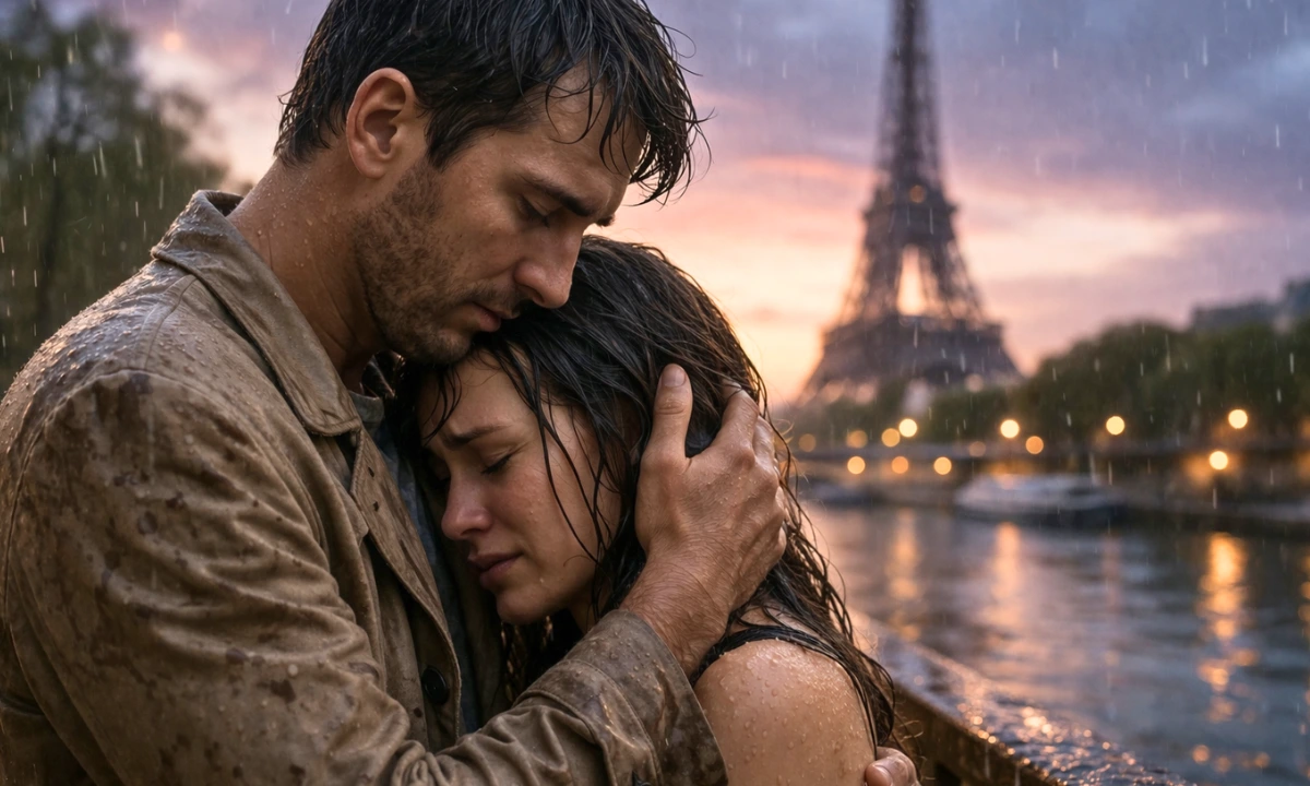 Ne me quitte pas — couple embracing in the rain near the Eiffel Tower in Paris