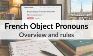 French object pronouns study desk with laptop, notebook, and Eiffel Tower view in Paris