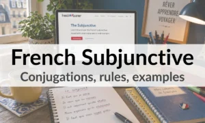 French subjunctive (le subjonctif) apartment study desk with laptop, coffee cup, notebook, and Paris neighborhood view outside window