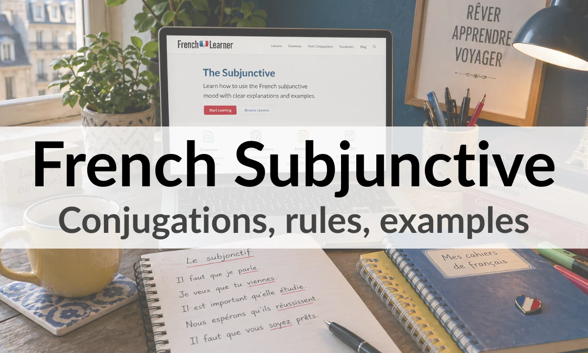French subjunctive (le subjonctif) apartment study desk with laptop, coffee cup, notebook, and Paris neighborhood view outside window