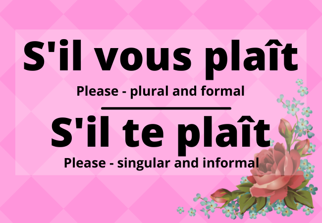 S'il vous plaît: Please for plural and formal; S'il te plaît: please for singular and informal.