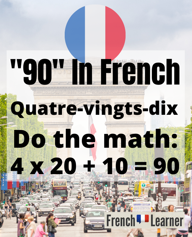 Image showing how to form the number 90 in French: 4 x 20 + 10 = 90 (quatre-vingts-dix).