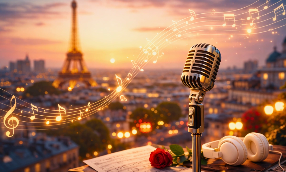 French female singers – Paris skyline with vintage microphone at sunset
