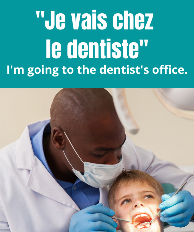 "Je vais chez le dentiste". I'm going to the dentist's office.