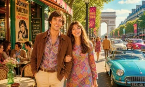 Les Champs-Élysées lyrics — vibrant 1969 Paris street scene with smiling vintage couple facing camera, colorful café terrace, classic cars, Arc de Triomphe, and Haussmann buildings under bright golden sunlight