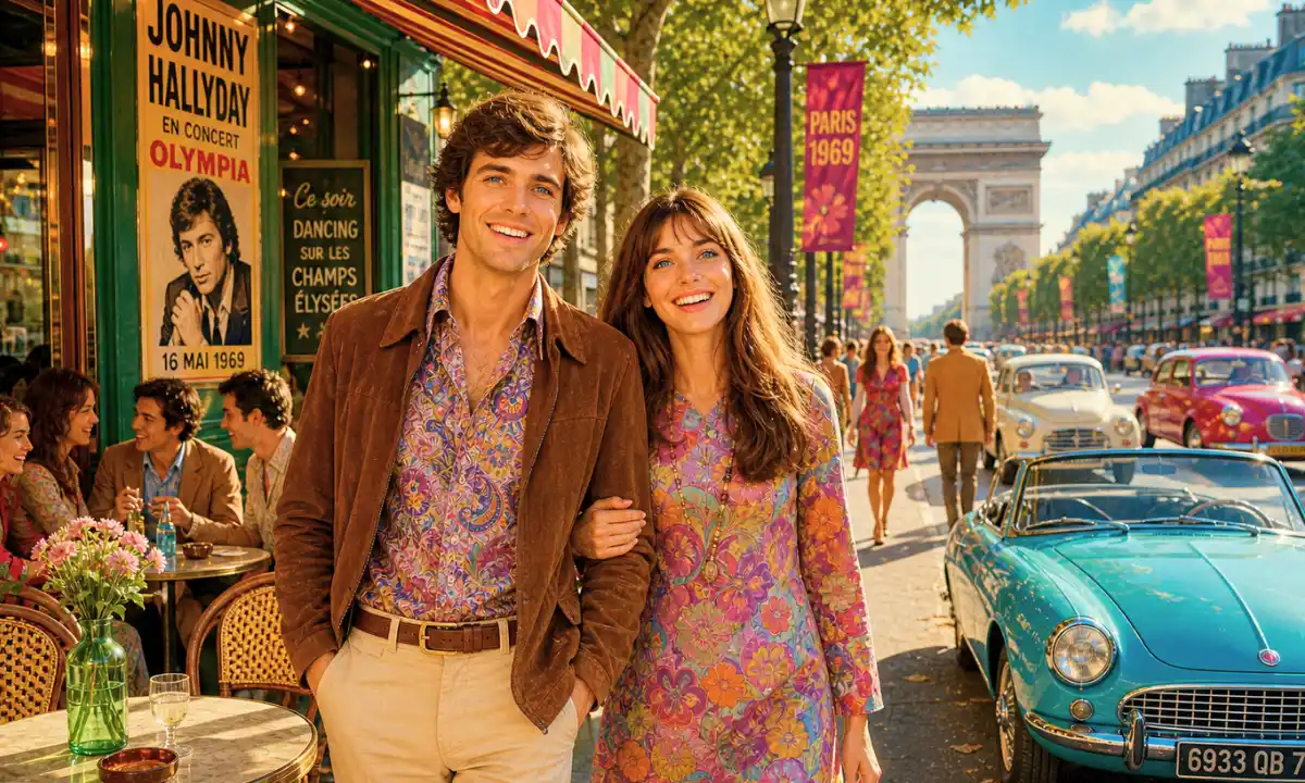 Les Champs-&Eacute;lys&eacute;es lyrics &mdash; vibrant 1969 Paris street scene with smiling vintage couple facing camera, colorful caf&eacute; terrace, classic cars, Arc de Triomphe, and Haussmann buildings under bright golden sunlight