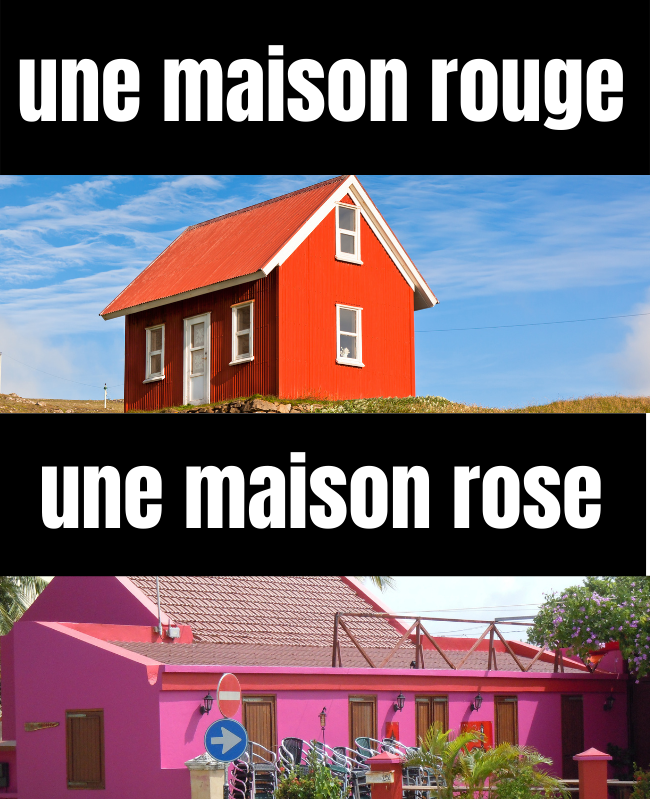 A red house (une maison rouge); A pink house (une maison rose).