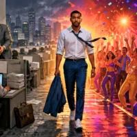 Alors on danse lyrics &mdash; split scene of a stressed office environment with stacks of paperwork contrasted with a vibrant nightclub dance floor, featuring a central man walking toward the camera between work and celebration, symbolizing escape through music and dance