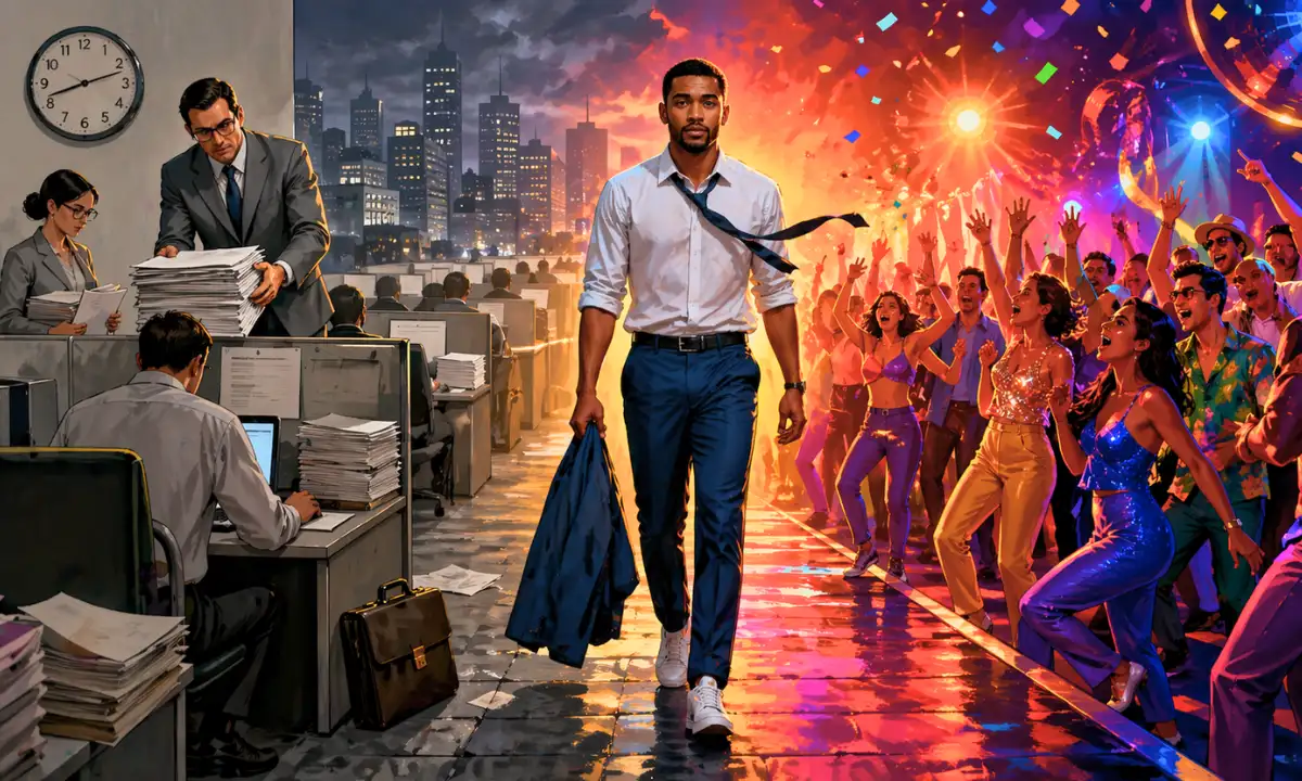 Alors on danse lyrics &mdash; split scene of a stressed office environment with stacks of paperwork contrasted with a vibrant nightclub dance floor, featuring a central man walking toward the camera between work and celebration, symbolizing escape through music and dance