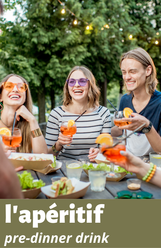 Young people enjoying a pre-dinner drink called "l'apéritif" in French.