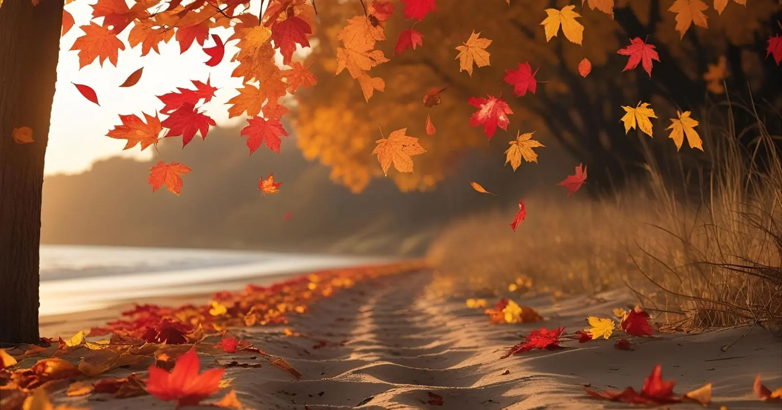A poetic autumn scene with red and gold leaves falling near a quiet shoreline. Fading footprints in the sand symbolize lost love and memories.