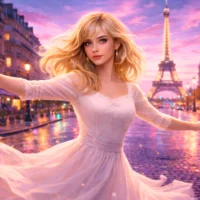 Derni&egrave;re danse by Indila &mdash; French lyrics and English translation lesson by David Issokson. Young woman in a flowing dress dancing in a Paris street at sunset with the Eiffel Tower glowing in the background.
