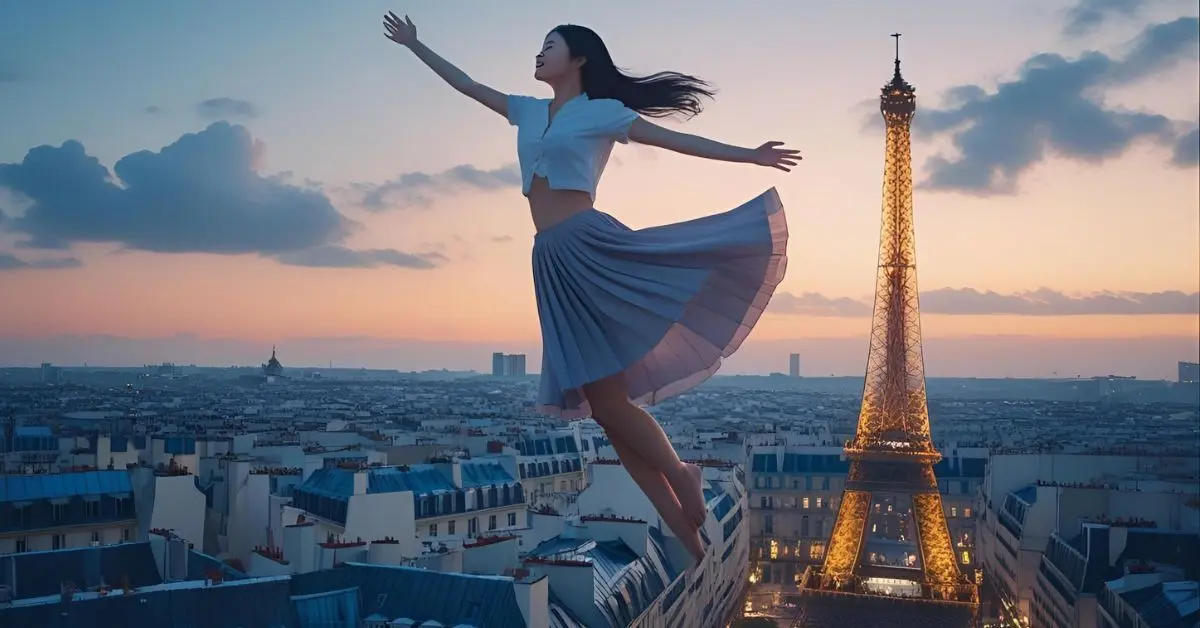 A poetic illustration of a young woman floating above Paris at dusk, inspired by the French song Dernière danse. Flowing skirt, Eiffel Tower below.