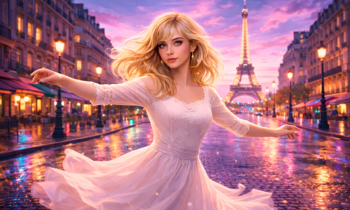 Derni&egrave;re danse by Indila &mdash; French lyrics and English translation lesson by David Issokson. Young woman in a flowing dress dancing in a Paris street at sunset with the Eiffel Tower glowing in the background.