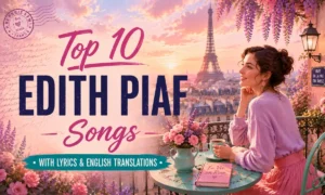 Edith Piaf songs romantic Paris balcony scene with female silhouette, Eiffel Tower, pink lavender flowers, and vintage French café atmosphere.