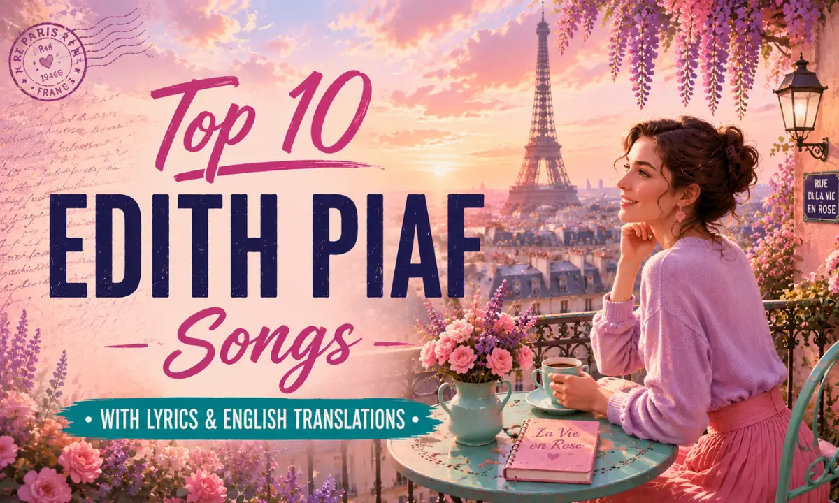 Edith Piaf songs romantic Paris balcony scene with female silhouette, Eiffel Tower, pink lavender flowers, and vintage French caf&eacute; atmosphere.