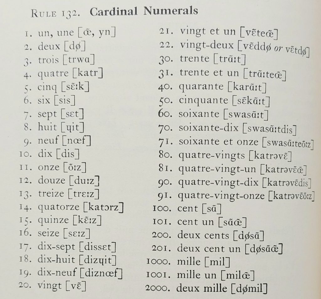Image of French cardinal numbers from 1-100 and all the way up to 2,000 with phonetic symbols from vintage textbook.