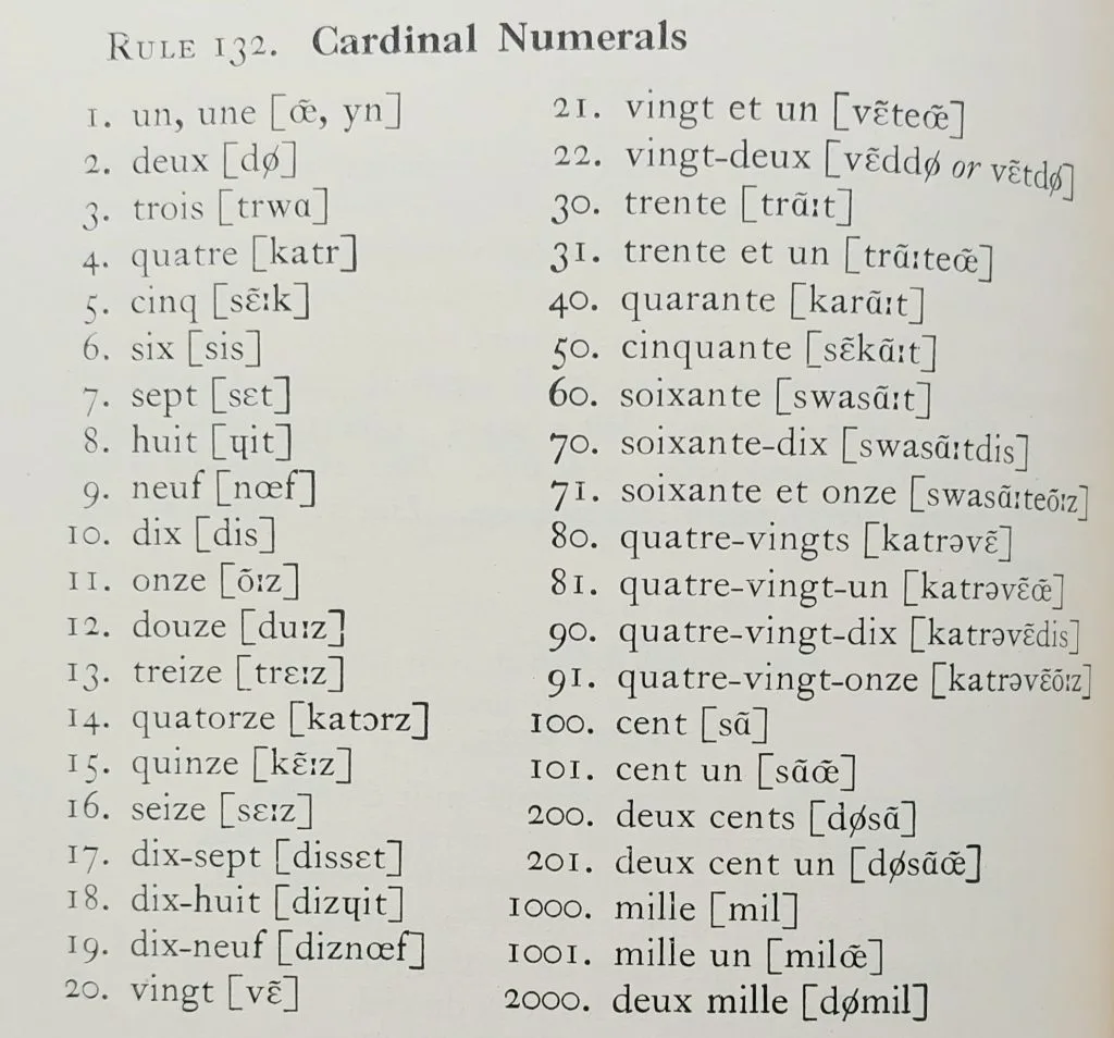 Image of French cardinal numbers from 1-100 and all the way up to 2,000 with phonetic symbols from vintage textbook.