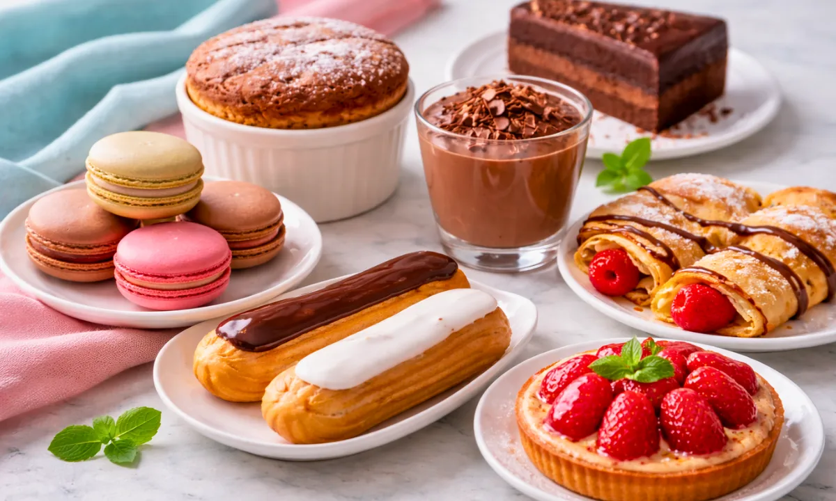 French dessert names &mdash; souffl&eacute;, macarons, mousse au chocolat, cr&ecirc;pes, &eacute;clairs, g&acirc;teau au chocolat and tarte aux fraises on a well-lit table