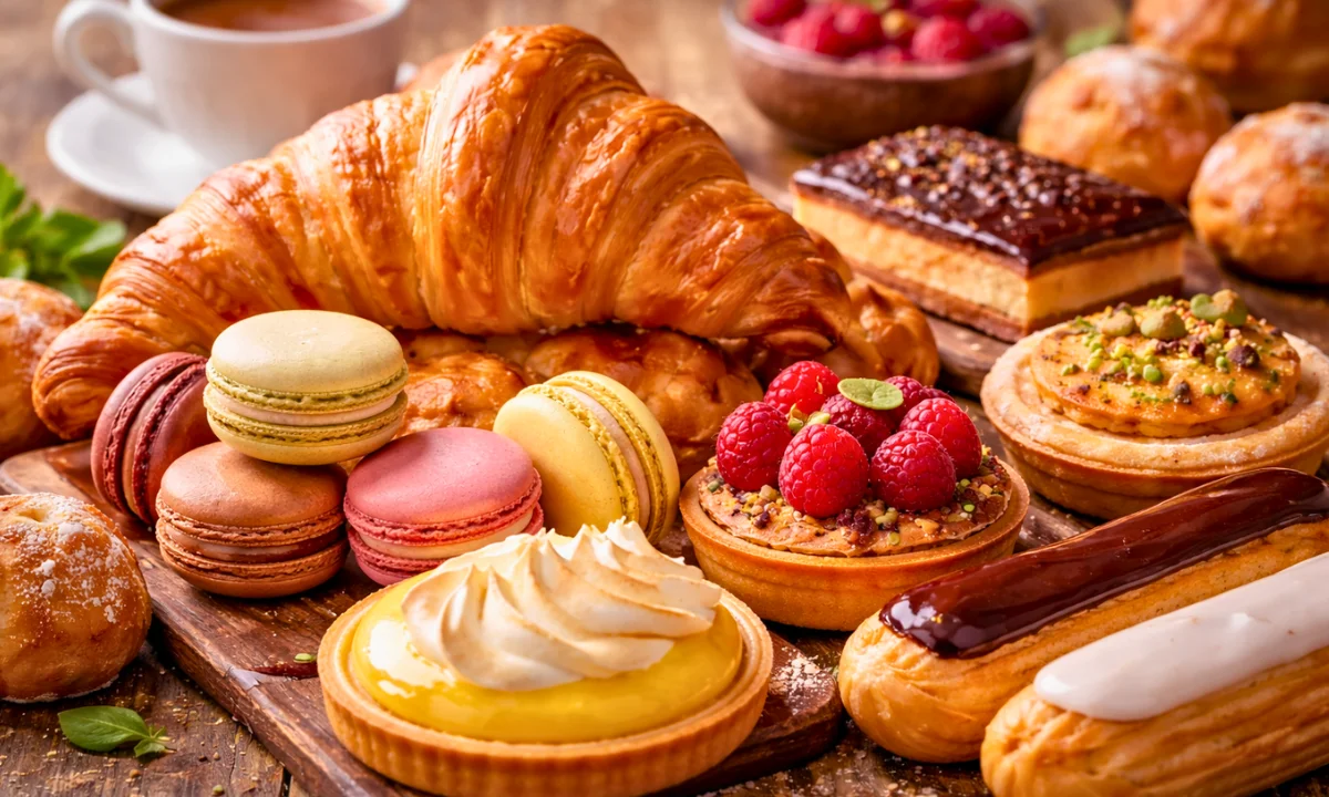 French pastry names &mdash; croissant, macaron, millefeuille, &eacute;clair and tarte au citron on a table