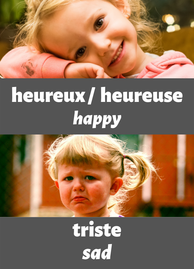 Happy and sad in French: heureux/heureuse vs triste.