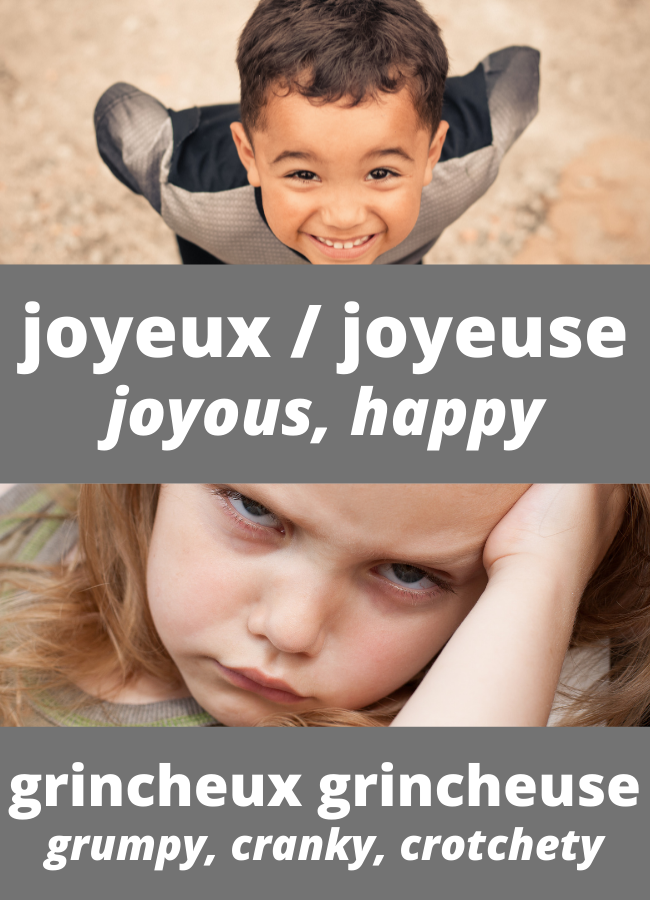 Happy/joyous in French vs. grump: joyeux/joyeuse vs. grincheux/grincheuse.