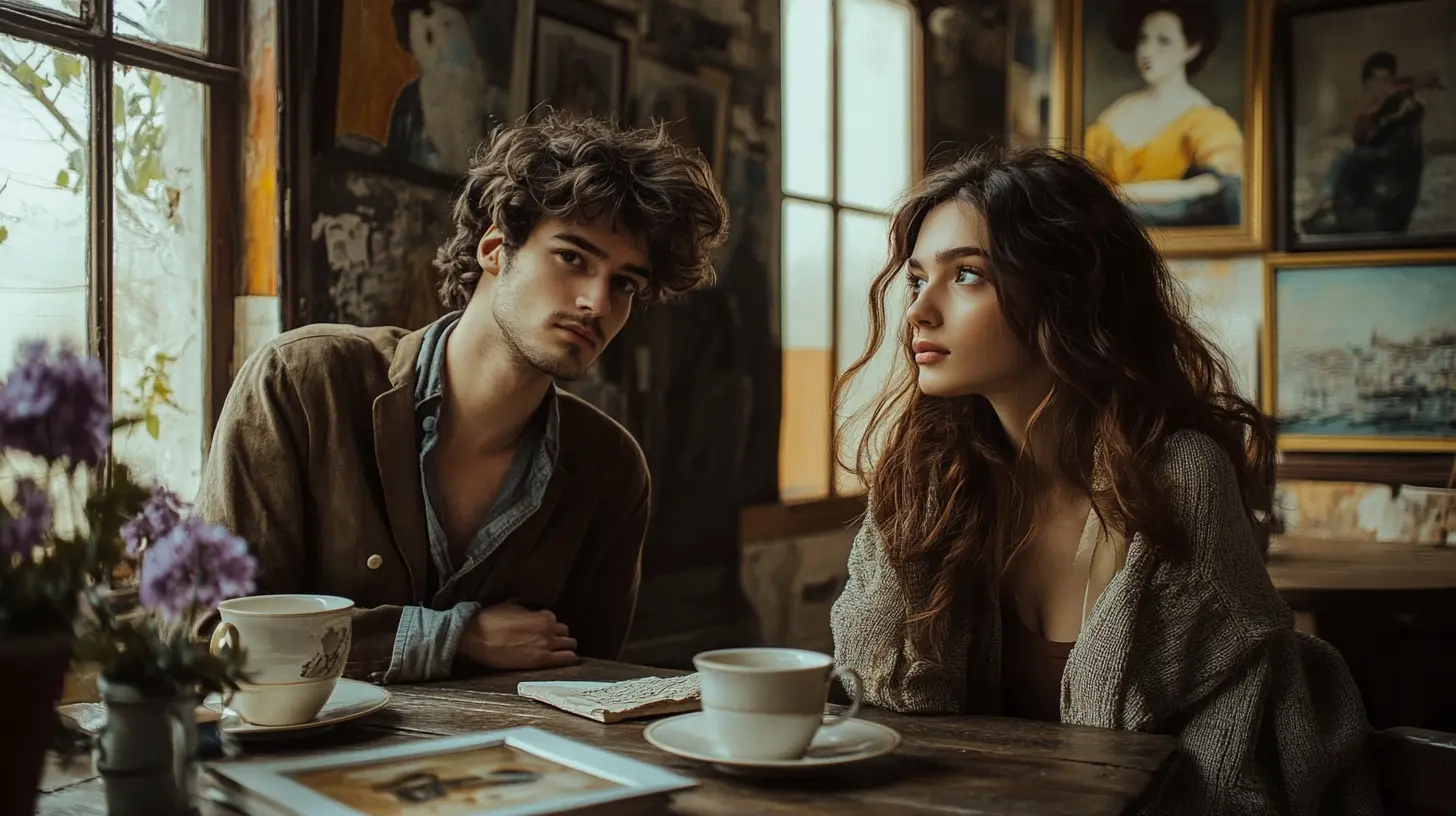 A young bohemian couple in a Paris attic studio, inspired by the song “La Bohème” by Charles Aznavour. Romantic and nostalgic 1960s atmosphere.