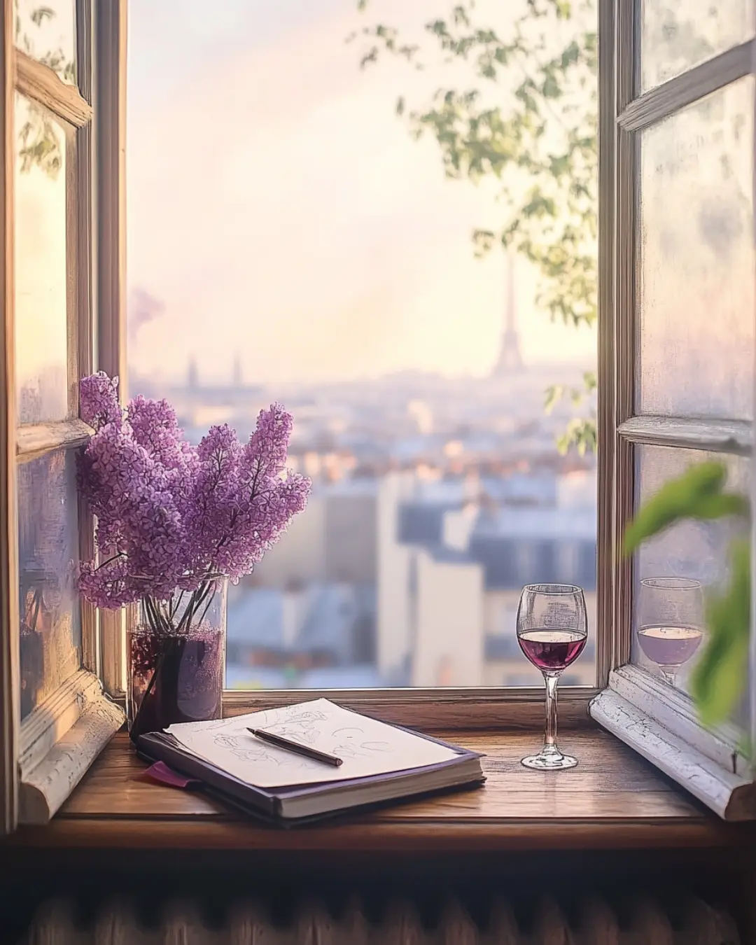 Open window in Paris with lilac flowers, a sketchbook, and a glass of red wine, inspired by La Bohème.