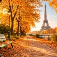 Les Feuilles mortes lyrics &mdash; bright autumn Paris scene with golden leaves covering a tree-lined path, green bench, and Eiffel Tower in the background under warm sunlight