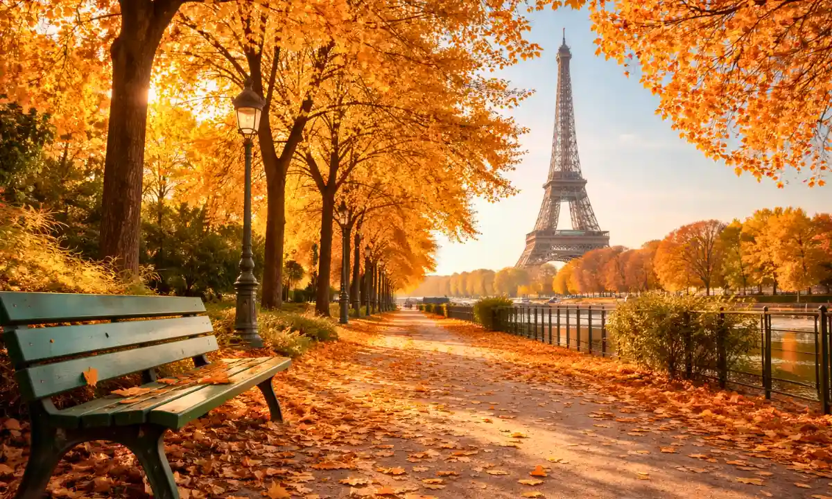 Les Feuilles mortes lyrics — bright autumn Paris scene with golden leaves covering a tree-lined path, green bench, and Eiffel Tower in the background under warm sunlight